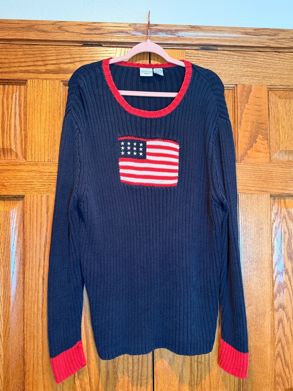 Carolina Colours Navy Flag Knit Sweater with Red Trim VINTAGE